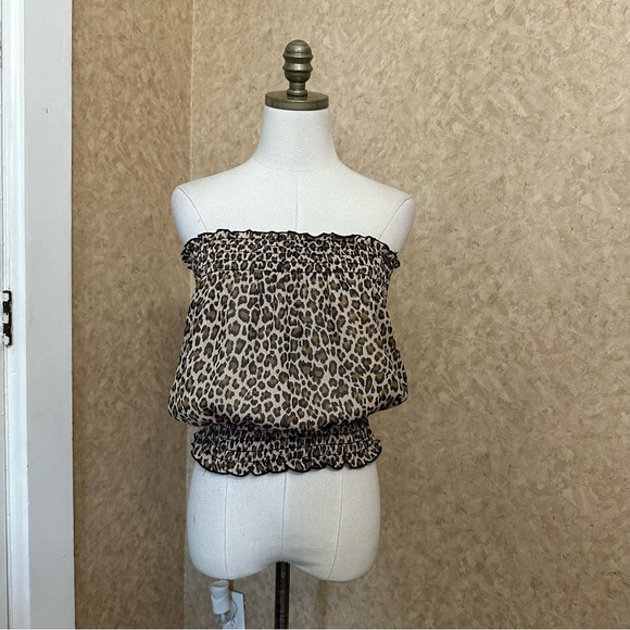 VTG Y2K 2000s Leopard Cheetah Animal Print Brown Smocked Tube Top - Picture 1 of 7